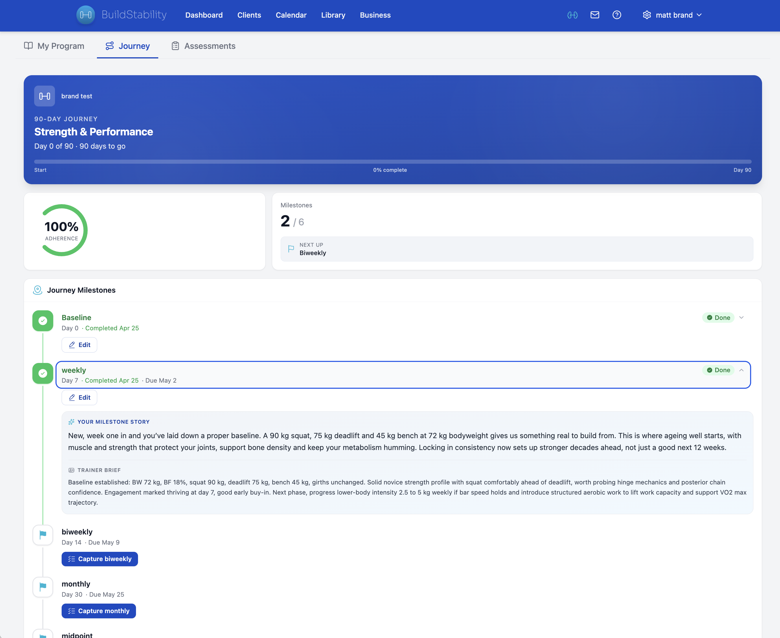 90-day client journey timeline with AI assistant nudging the trainer to capture Day 0